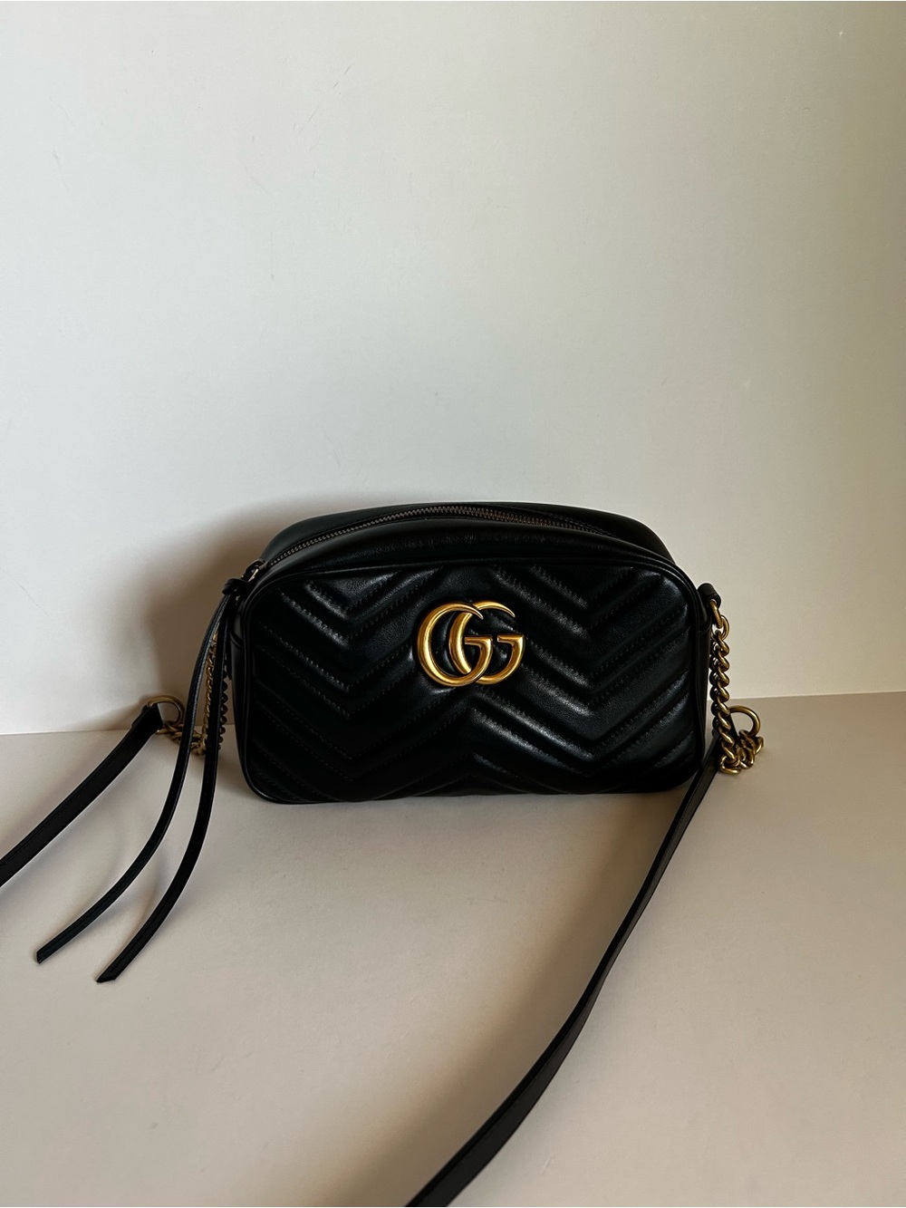 Gucci Black Quilted GG Marmont Camera Crossbody with Gold Hardware